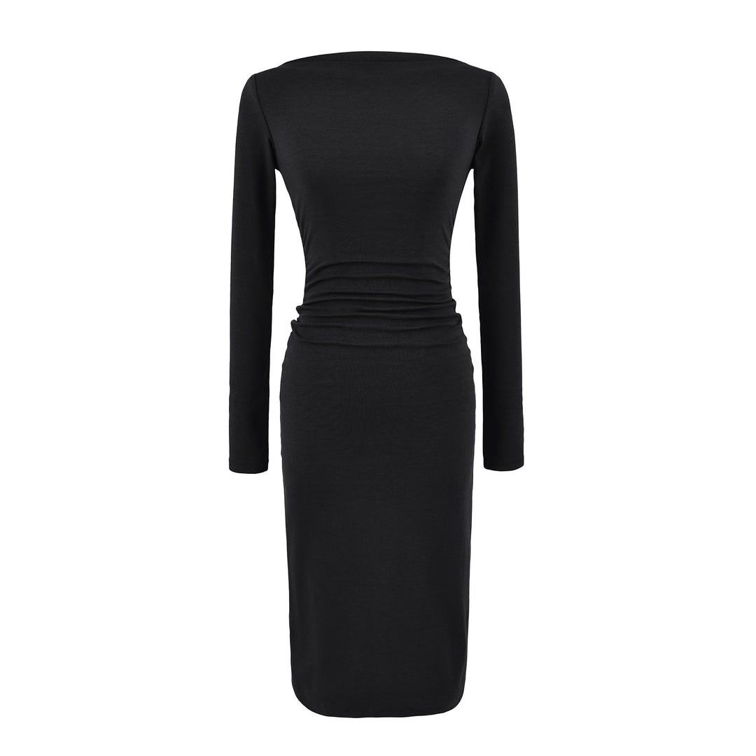 Women Figure-hugging Midi Dress with Gathering and Boat Neck Amarae