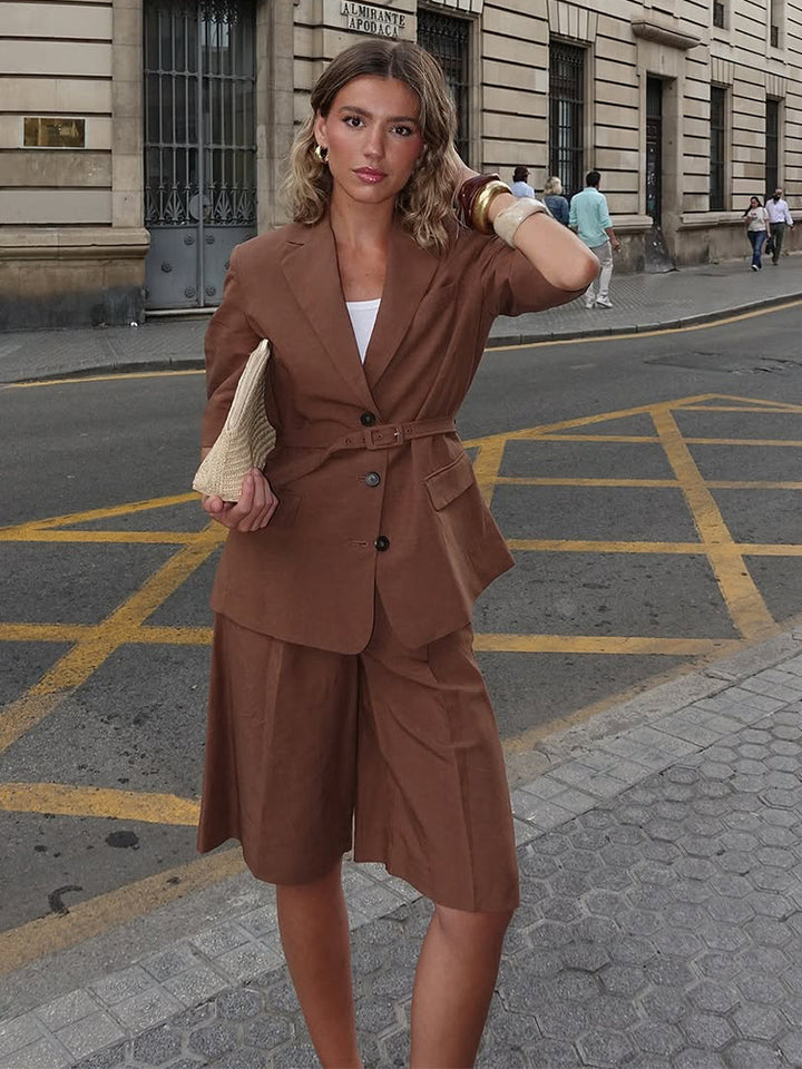 Women’s linen blend tailored blazer with belt, 3/4 sleeves & flap pockets Amarae