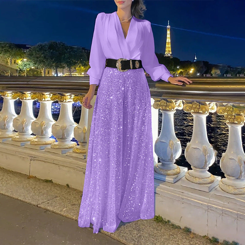 Glamorous evening dress for women with sparkling top and flared skirt Lune London