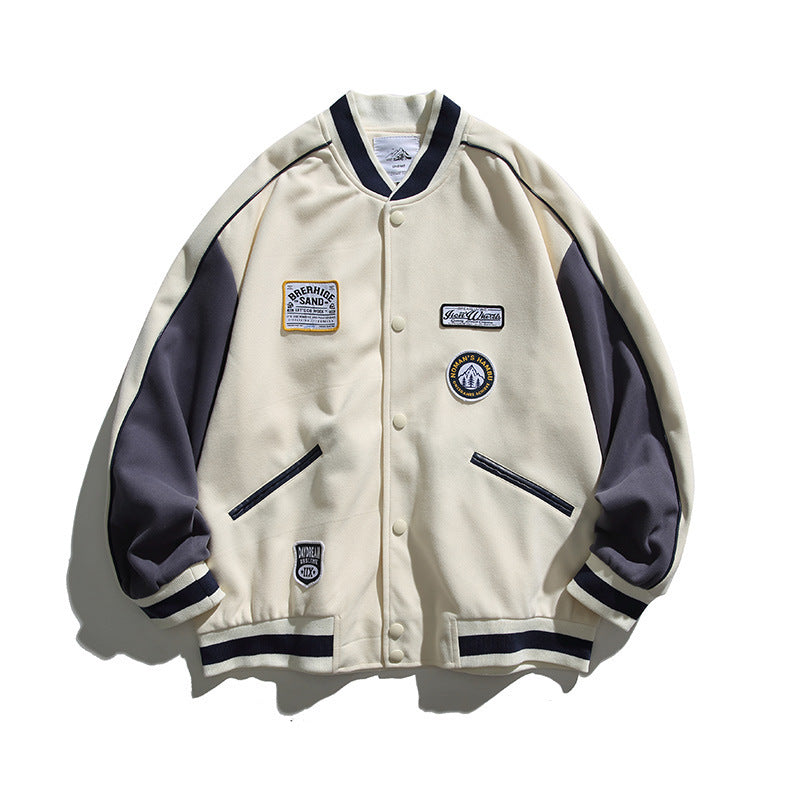 Unisex Boxy College Bomber Jacket with Badge Applications and Contrasting Ribbed Cuffs Amarae