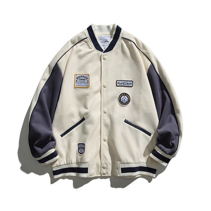 Unisex Boxy College Bomber Jacket with Badge Applications and Contrasting Ribbed Cuffs Amarae