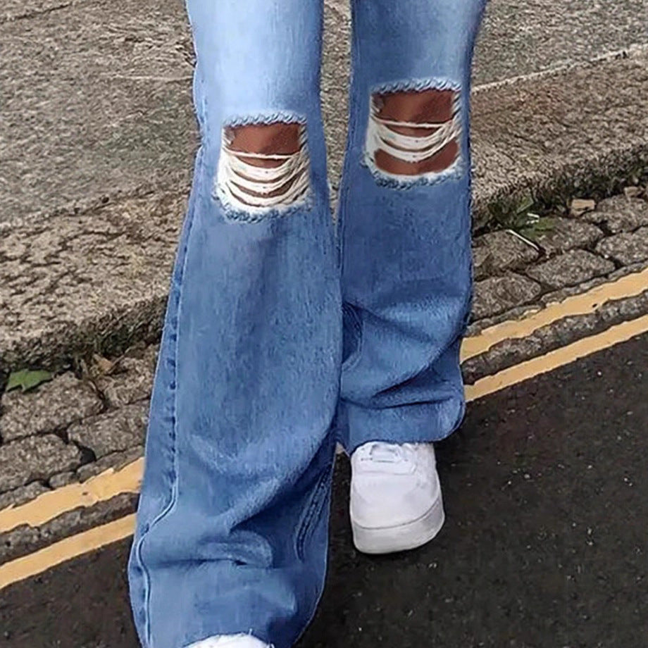 Ladies High-Waisted Flared Jeans in Retro Cut with Knee Rip and Extended Hem Amarae