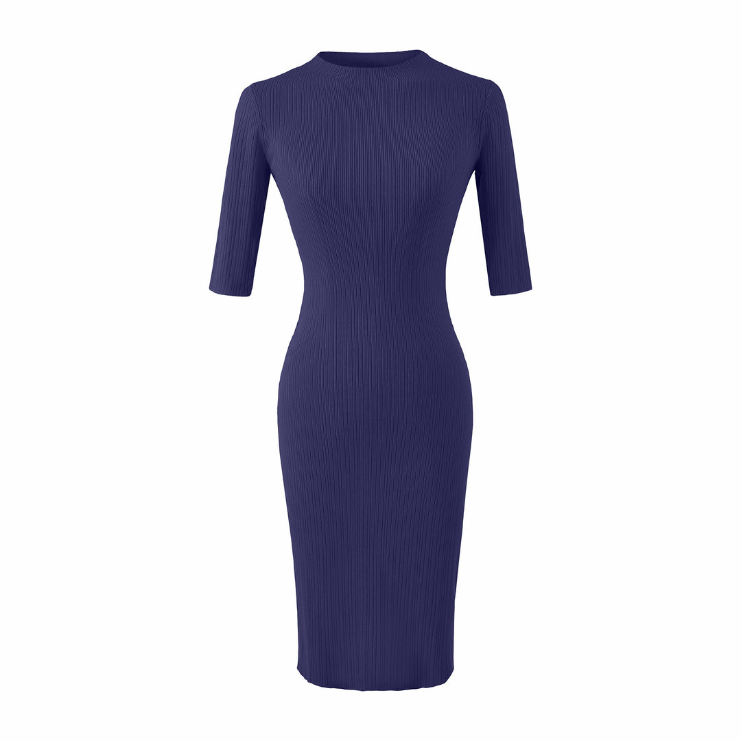 Women's fitted ribbed midi dress with half sleeves and stand-up collar Amarae