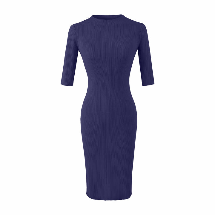 Women's fitted ribbed midi dress with half sleeves and stand-up collar Amarae
