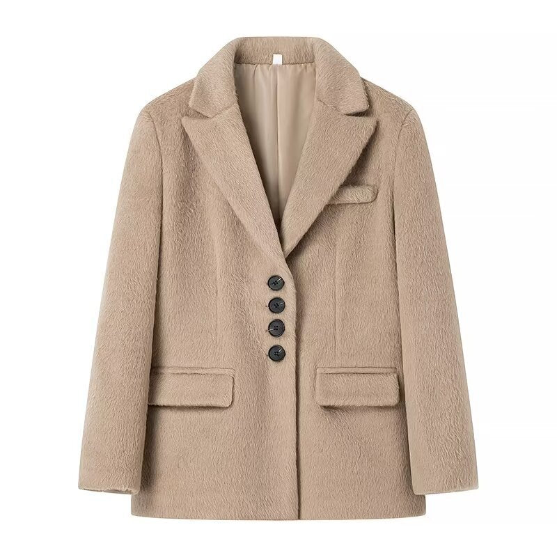 Elegant blazer for women with soft fur and decorative button details Lune London