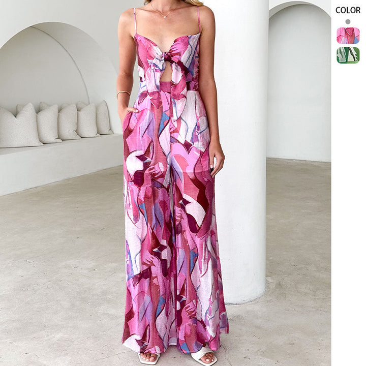 Ladies Elegant Jumpsuit with Floral Design and Adjustable Spaghetti Straps Lune London