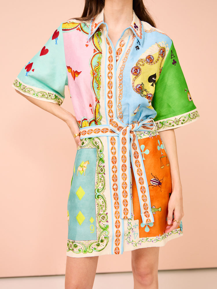 Women's shirt dress with colorful patchwork pattern and waist belt Lune London