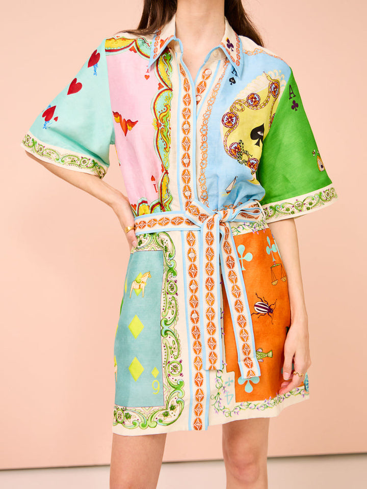 Women's shirt dress with colorful patchwork pattern and waist belt Lune London