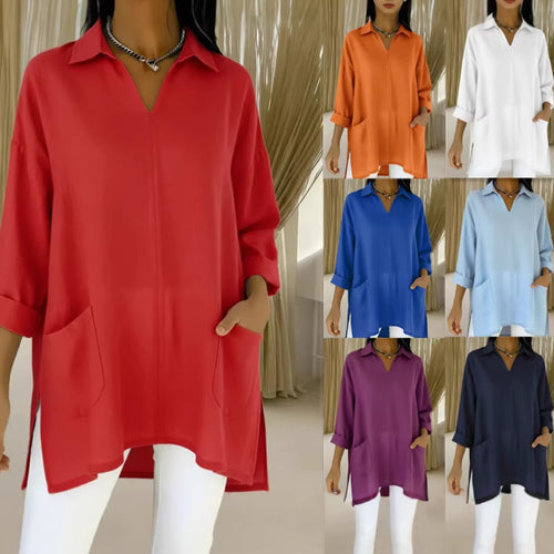 Women's long sleeve blouse with elegant V-neckline and practical pockets Amarae