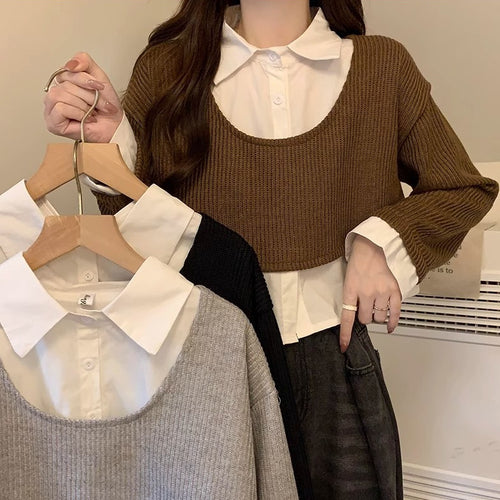 Women's Cropped Knit Sweater with Integrated Shirt