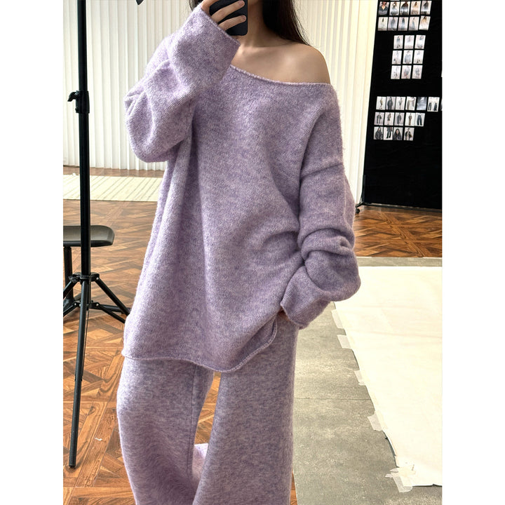 Women Plush Oversized Off-Shoulder Knit Loungewear Set with Loose Silhouette