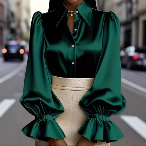 Ladies elegant silk blouse with puff sleeves and chic button placket Lune London