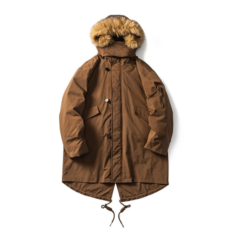 Men's Quilted Parka in Fish Tail Cut with Detachable Faux Fur Hood and Thermal Lining Amarae