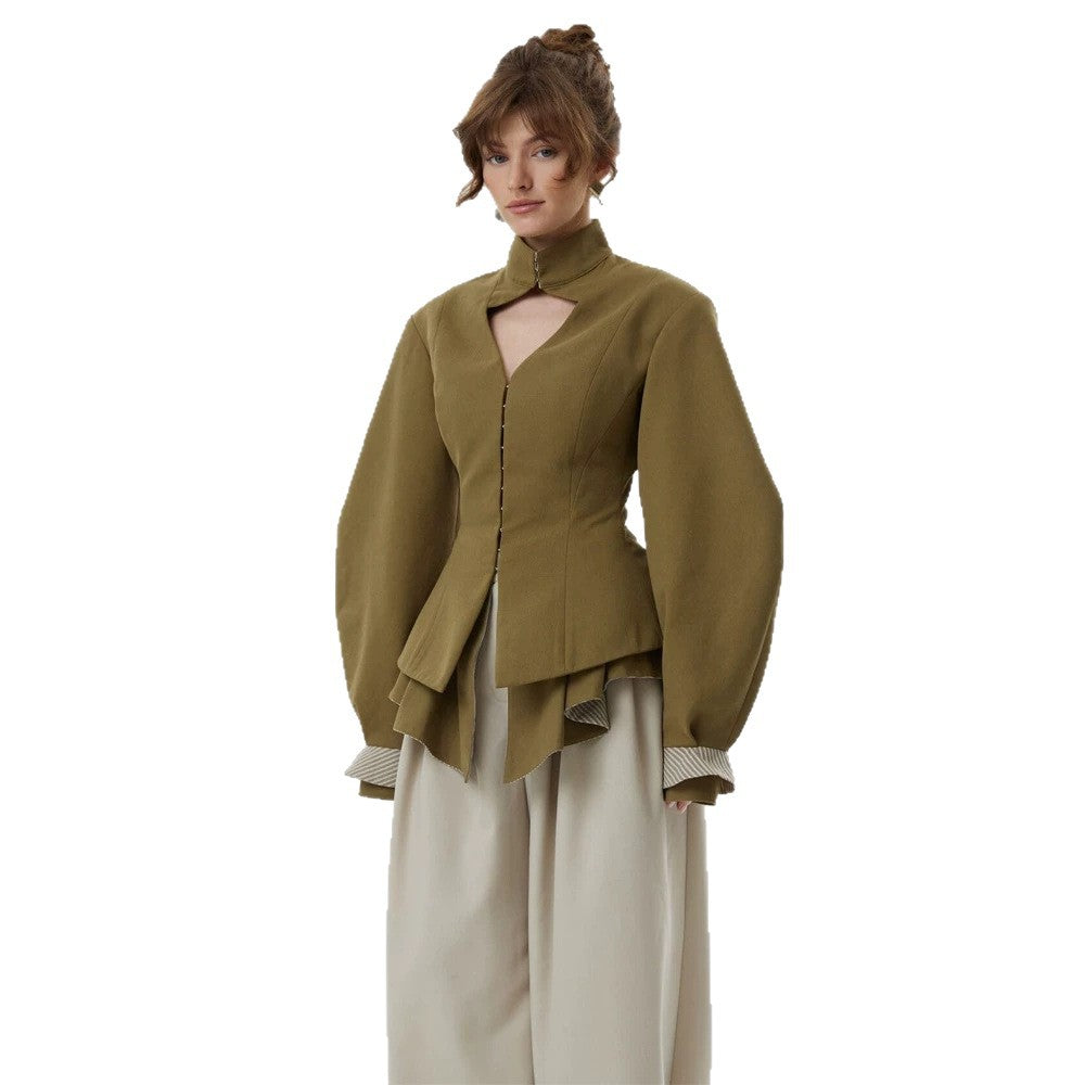 Women's tailored jacket with standing collar, cut-out and balloon sleeves Amarae