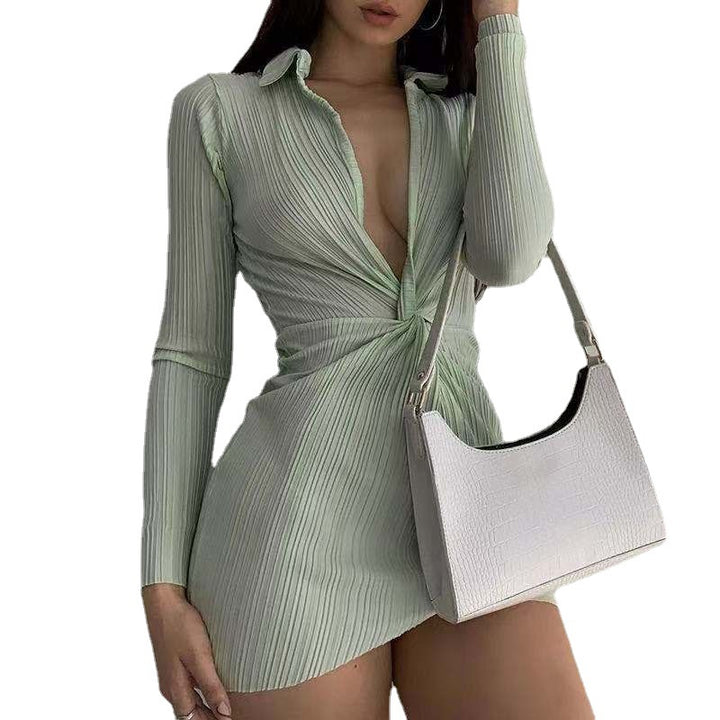 Pleated wrap dress for women with deep V-neck Lune London