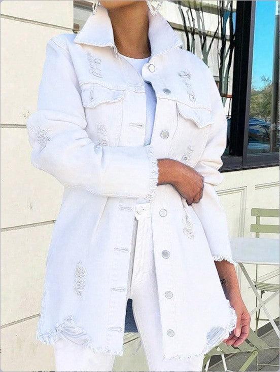 Ladies Longline Denim Jacket with Destroyed Details and Fringed Hem Amarae