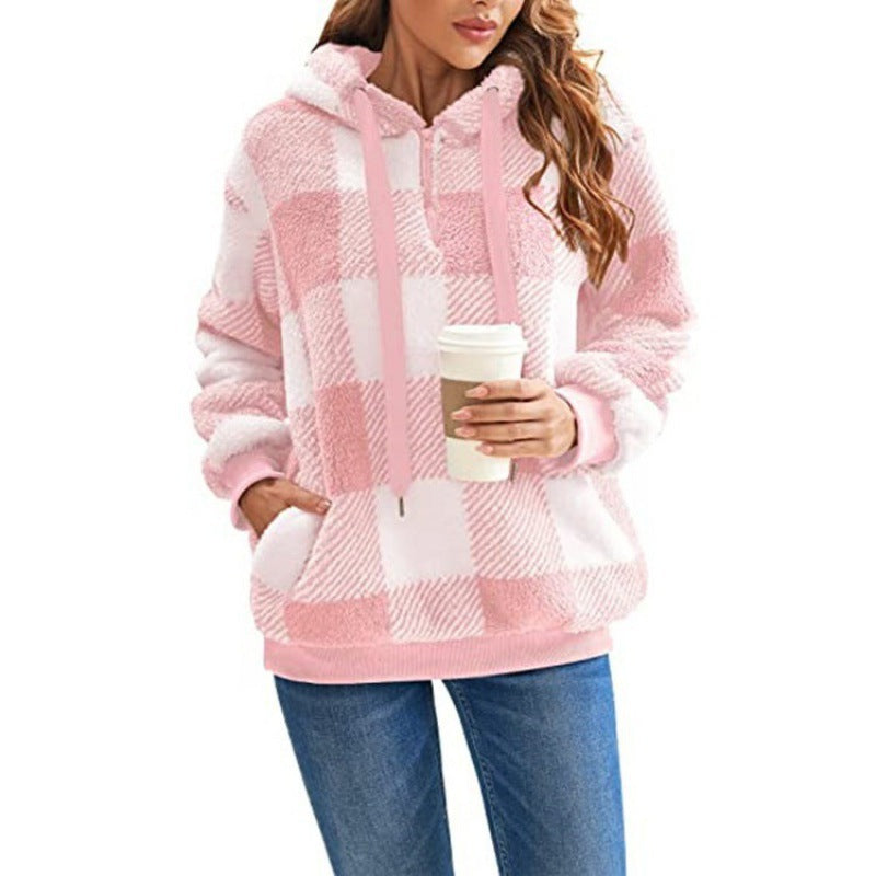 Plaid hooded sweatshirt for women with zipper and kangaroo pocket Lune London