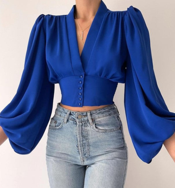 Ladies Elegant blouse with geometric pattern and voluminous sleeves Amarae