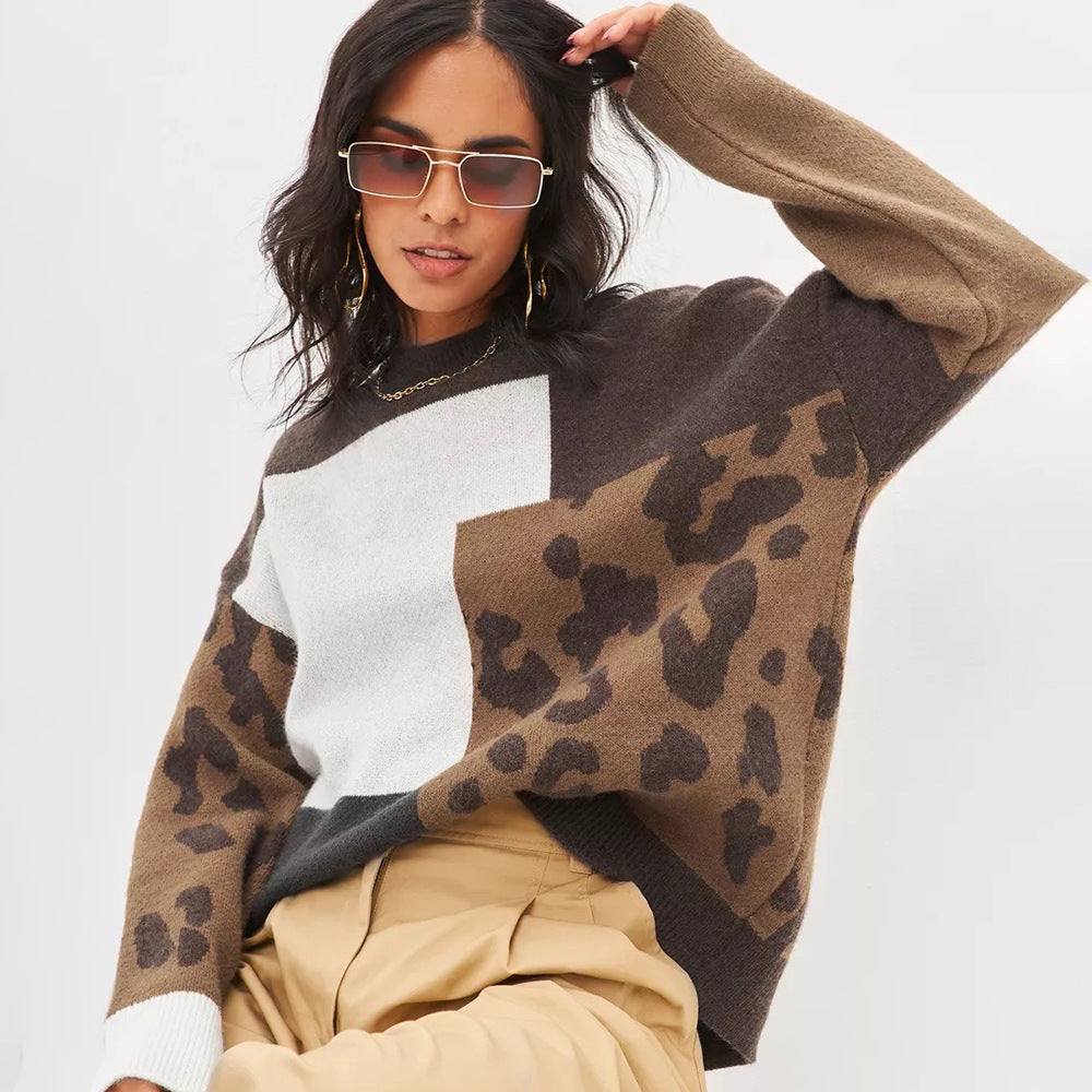 Pull en tricot épais pour femmes avec un design léopard moderne et des éléments de blocs colorés Chic & Stil
