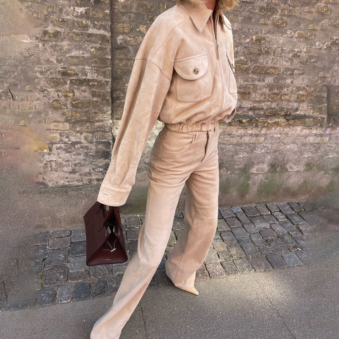 Women Quilted Leather Jacket and High Waisted Pants Lune London