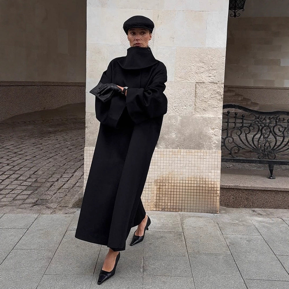 Ladies Maxilength Oversize Wool Blend Coat with Oversized Stand Collar and Balloon-like Sleeves Amarae