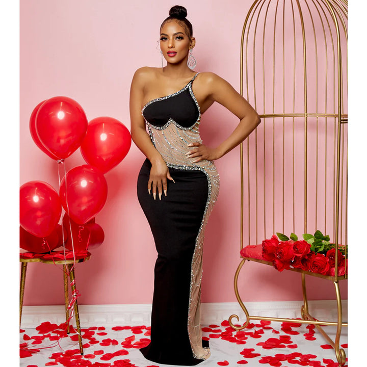 One-shoulder sparkling evening dress Lune London