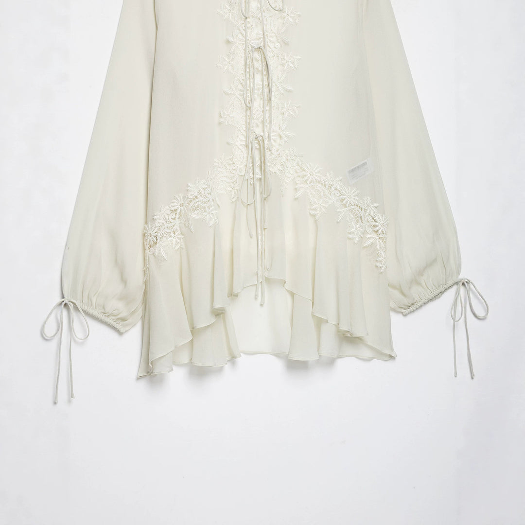 Women Romantic Chiffon Blouse with Lace Application, Ruffle Hem and Ties Amarae