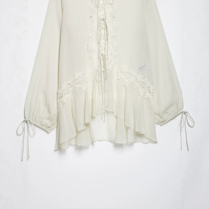 Women Romantic Chiffon Blouse with Lace Application, Ruffle Hem and Ties Amarae