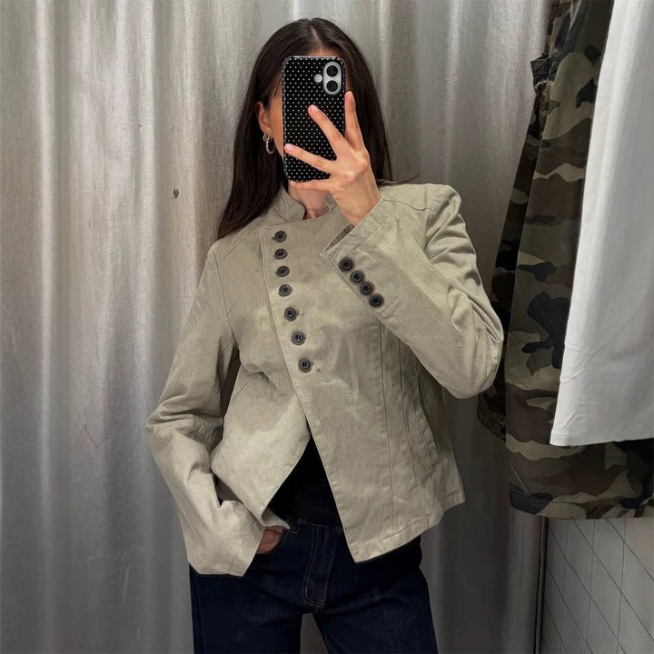 Women Asymmetrical Short Jacket with Double Decorative Button Placket and Stand Collar Amarae