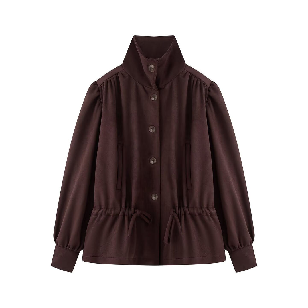 Women's Tailorable Short Jacket with Drawstring, Stand-up Collar, and Balloon Sleeves Amarae