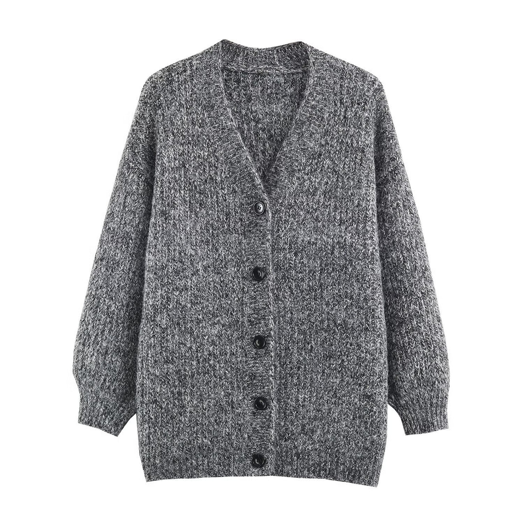 Women Oversized Chunky Knit Cardigan with Deep V-Neck, Ribbed Texture and Balloon Sleeves Amarae