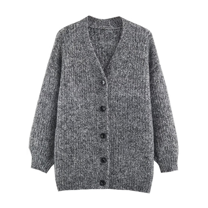 Women Oversized Chunky Knit Cardigan with Deep V-Neck, Ribbed Texture and Balloon Sleeves Amarae