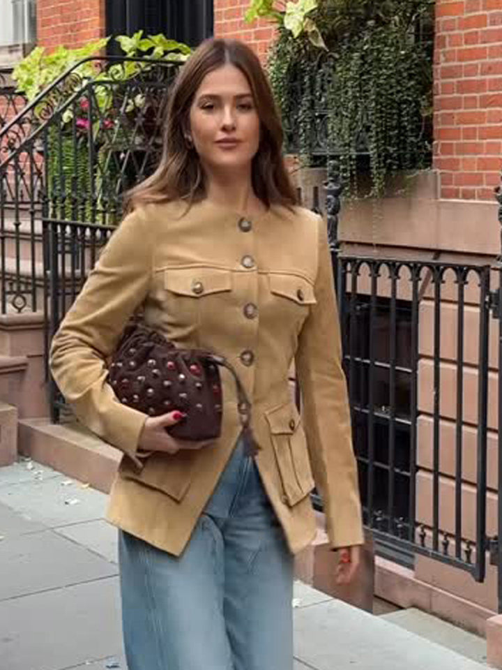 Women’s short jacket in military utility style with patched flap pockets and round neckline Amarae