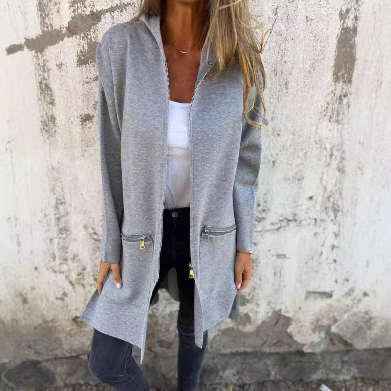 Women’s Hooded Long Cardigan with Full Zip and Decorative Pockets Amarae