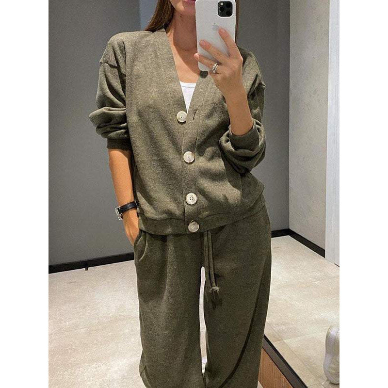 Women's Knit Loungewear Set with V-Neck Cardigan and Wide Drawstring Pants Amarae