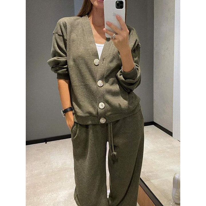 Women's Knit Loungewear Set with V-Neck Cardigan and Wide Drawstring Pants Amarae