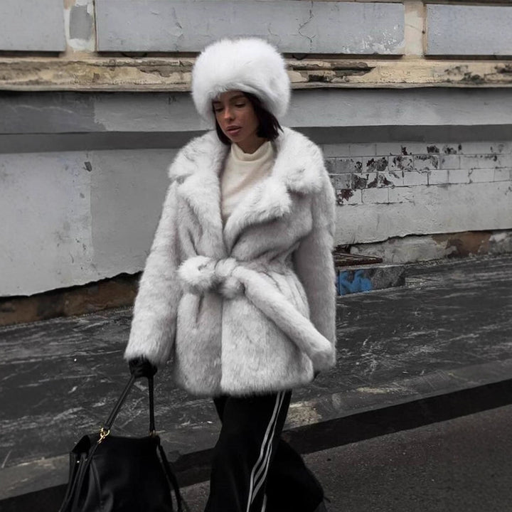 Women Voluminous Short Coat made of Faux Fur with Waist Belt and Oversized Shawl Collar Amarae