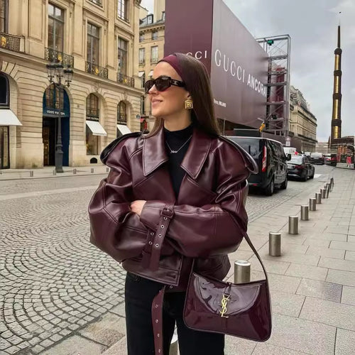 Faux leather jacket for women, tailored, with waterproof finish and asymmetrical collar Amarae