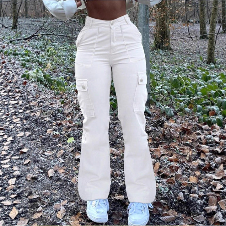 Women’s high-waisted cargo jeans with flared hem and functional flap pockets Amarae
