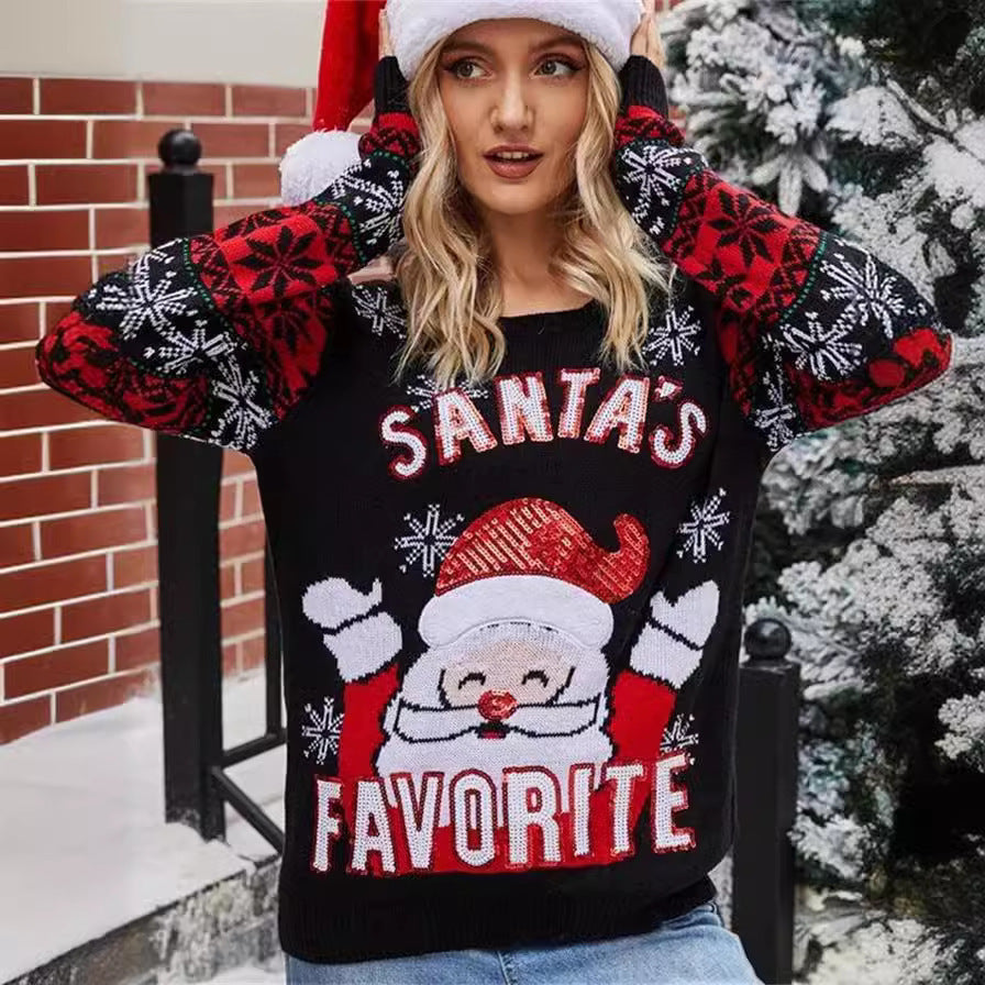 Women's Christmas sweater with festive Santa pattern and chic shiny details