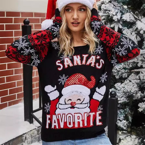 Women's Christmas sweater with festive Santa pattern and chic shiny details