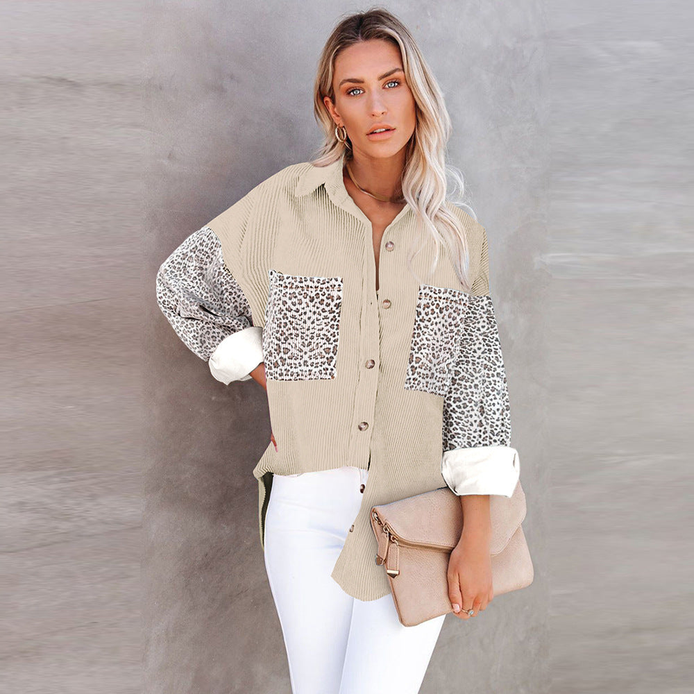 Ladies oversized shirt blouse with textured fabric and leopard print inserts Amarae