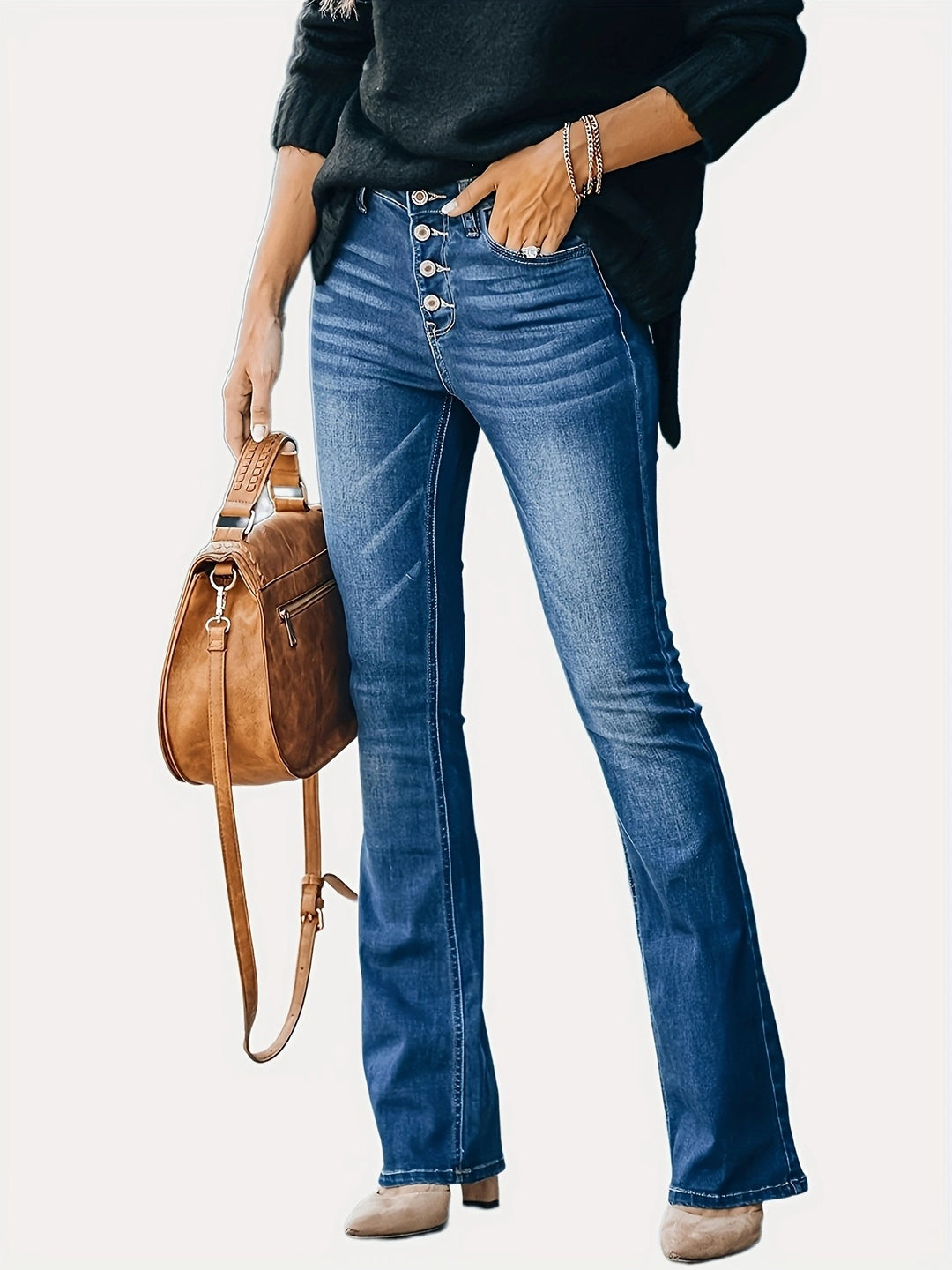 Women High-Waisted Button-Fly Flared Jeans with Sculpting Center Seam Amarae