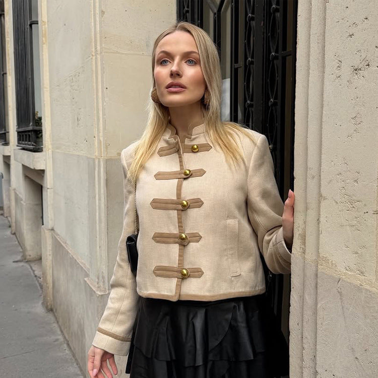 Women Short Military Inspired Jacket with Stand Collar and Decorative Button Placket Amarae