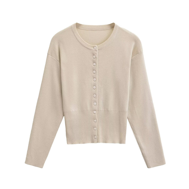 Women's Short Fine Knit Cardigan with Tailored Ribbed Waistband and Continuous Button Placket Amarae