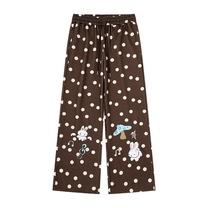 Women Wide Lounge Pants with Comfort Waistband, Polka Dot Allover and Playful Cartoon Print Amarae