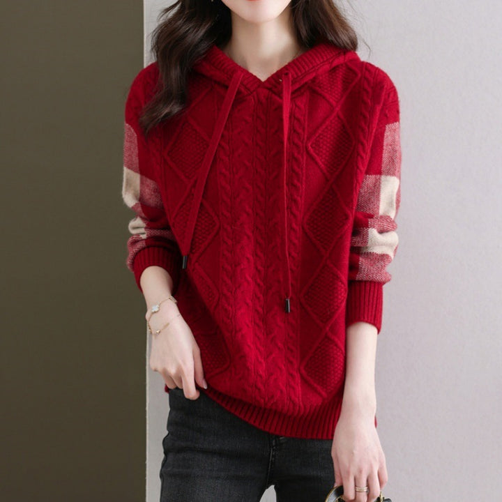 Knitted sweater for women with hood and chic tartan pattern Lune London