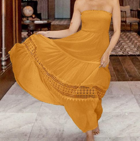 Maxi strapless dress for women with an elegant lace trim Lune London