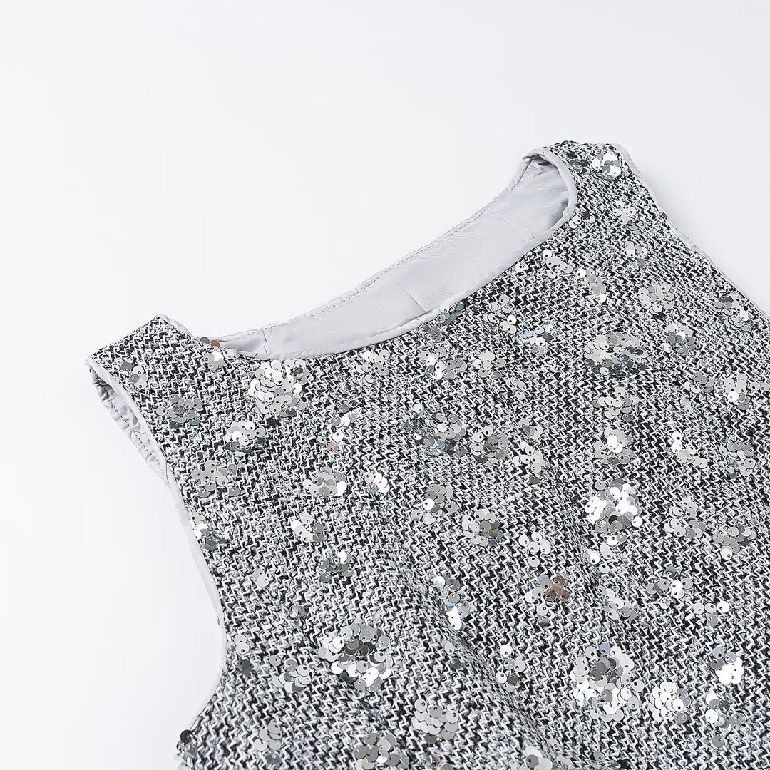 Women's Sequin-Embellished Sleeveless Peplum Top with Textured Boucle Look Amarae