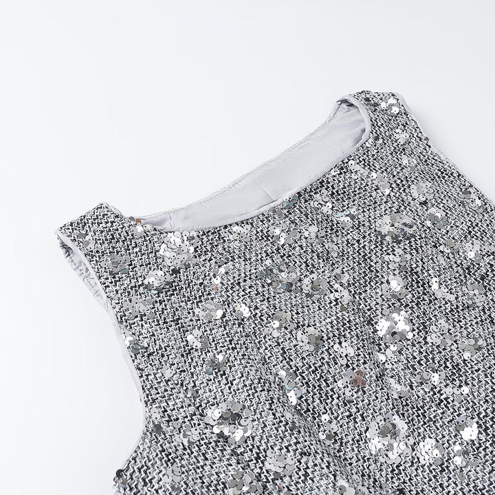 Women's Sequin-Embellished Sleeveless Peplum Top with Textured Boucle Look Amarae